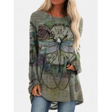 Vintage Floral Printed O  neck Long Sleeve Irregular Hem T  shirt For Women