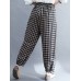 Women Vintage Plaid Wide  legged Elastic High Waist Side Pocket Ankle Length Harem Pants