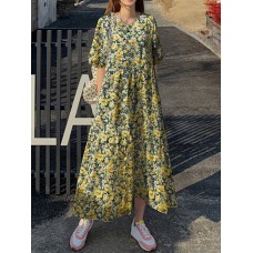 Floral Print Half Sleeve O  neck Loose Dress