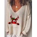 Women Christmas Letter Cartoon Print V  Neck Loose Long Sleeve T  Shirts