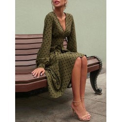 Polka Dot Print Long Sleeve V  neck Knotted Dress