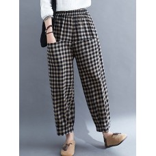 Women Vintage Plaid Wide  legged Elastic High Waist Side Pocket Ankle Length Harem Pants