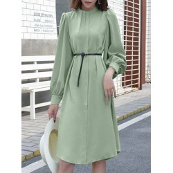 Solid Color Long Sleeve O  neck Puff Dress