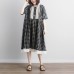 vintage linen cotton dress plus size Lacing Short Sleeve Plaid Pockets Retro Casual Gray Dress