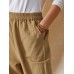 Solid Color Elastic Waist Casual Cotton Women Pants