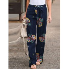 Women Vintage Print Lace  Up Elastic Waist Wide  legged Pants with Side Pockets