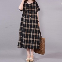 brief long cotton dresses plus size Lattice Round Neck Short Sleeve Black Cotton Dress