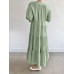 Solid Button Half Sleeve V  neck Loose Casual Maxi Dress