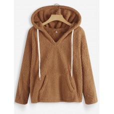 Women V  neck Hooded Solid Color Fleece Coats