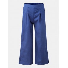 Women Solid Color Side Split Cuffs Elastic Mid Waist Long Wide Leg Pants With Pockets