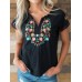 Women Floral Embroidery V  Neck Vintage Short Sleeve T  Shirts